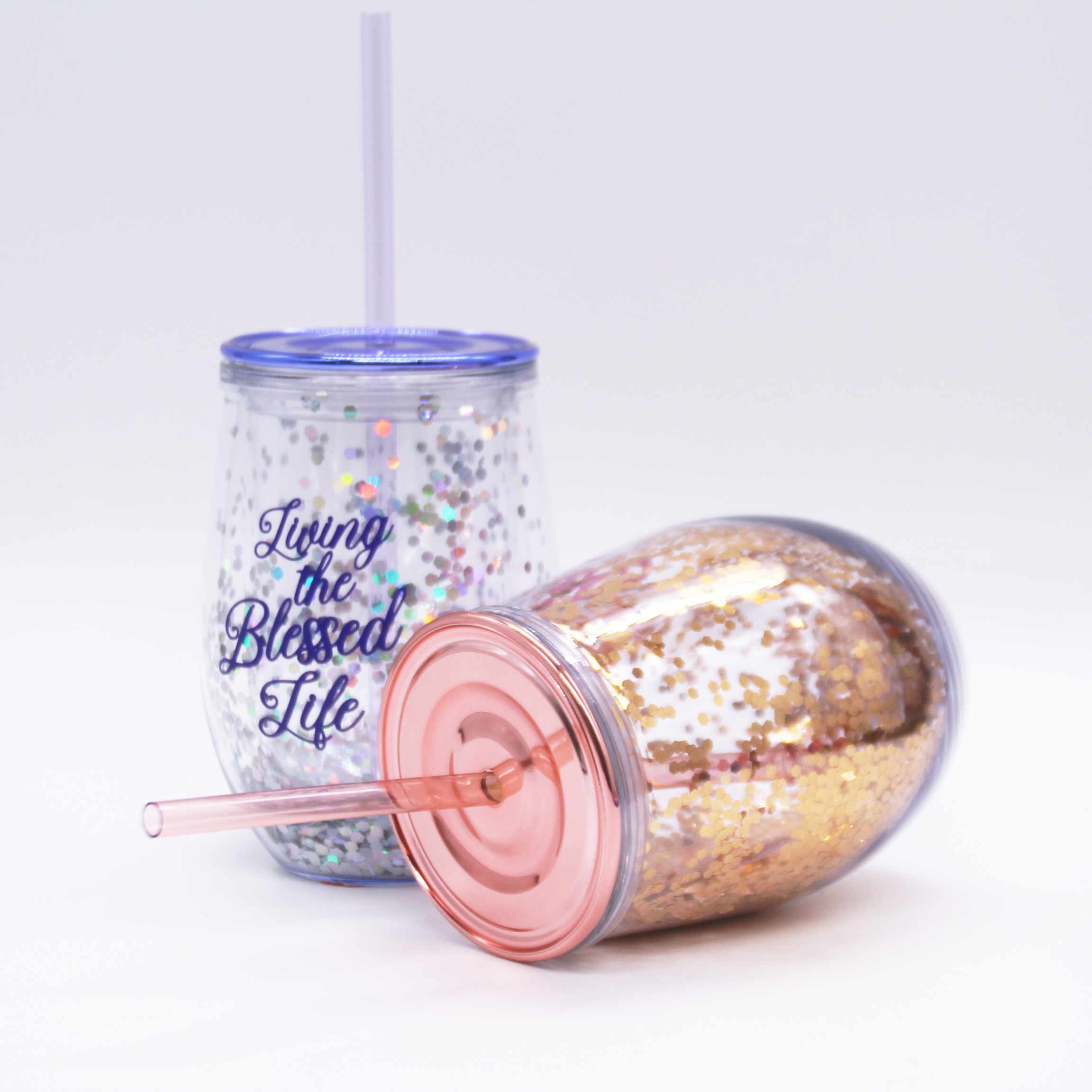 12oz Double Wall Acrylic Wine Tumbler with Colorful Sequins Straw and Lid