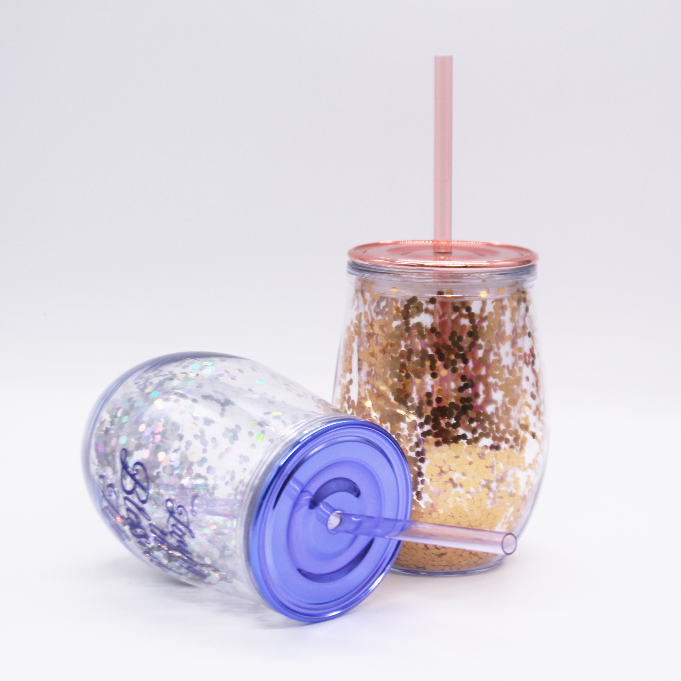 12oz Double Wall Acrylic Wine Tumbler with Colorful Sequins Straw and Lid