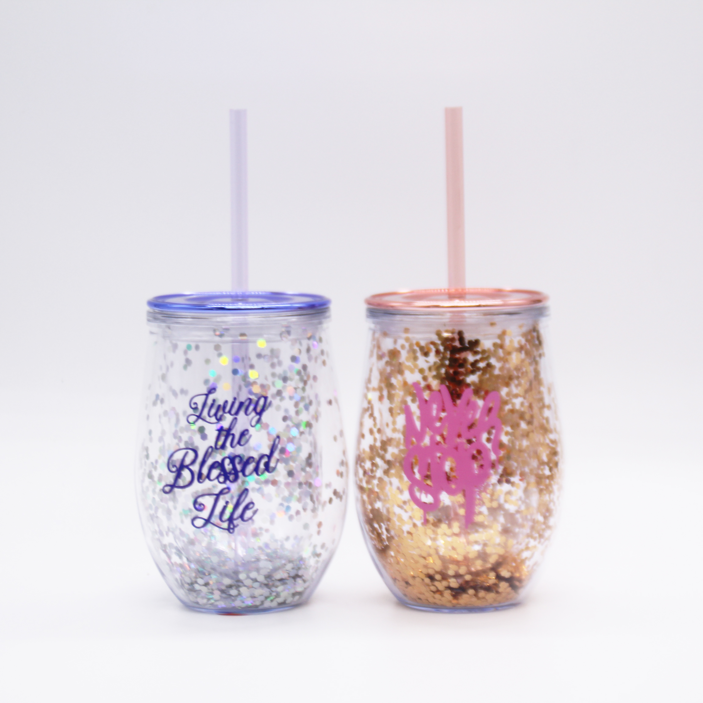 12oz Double Wall Acrylic Wine Tumbler with Colorful Sequins Straw and Lid