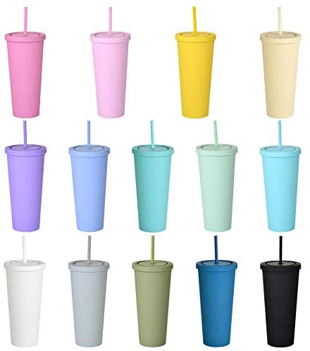Skinny Tumbler with Lid and Straw 22OZ- Matte Pastel Colored Reusable Cups, Vacuum Double Wall Plastic Bulk Tumblers With Straw Iced Coffee Travel Mug Cold Water Bottle Gift for Adults