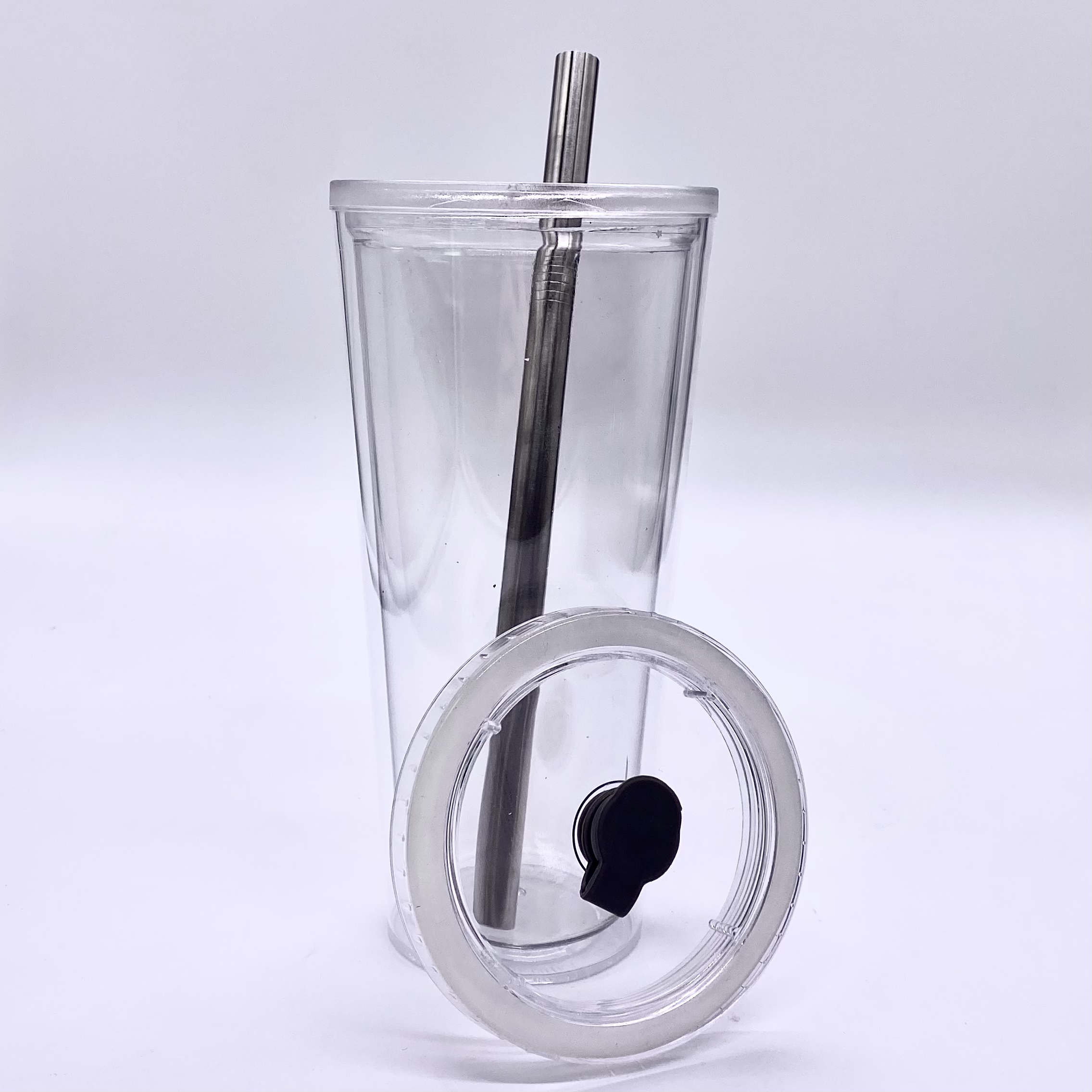 New Design 16oz Clear Acrylic Double Wall BPA Free Skinny Tumbler with Silicone Plug Plastic Tumbler with Straw and Lid