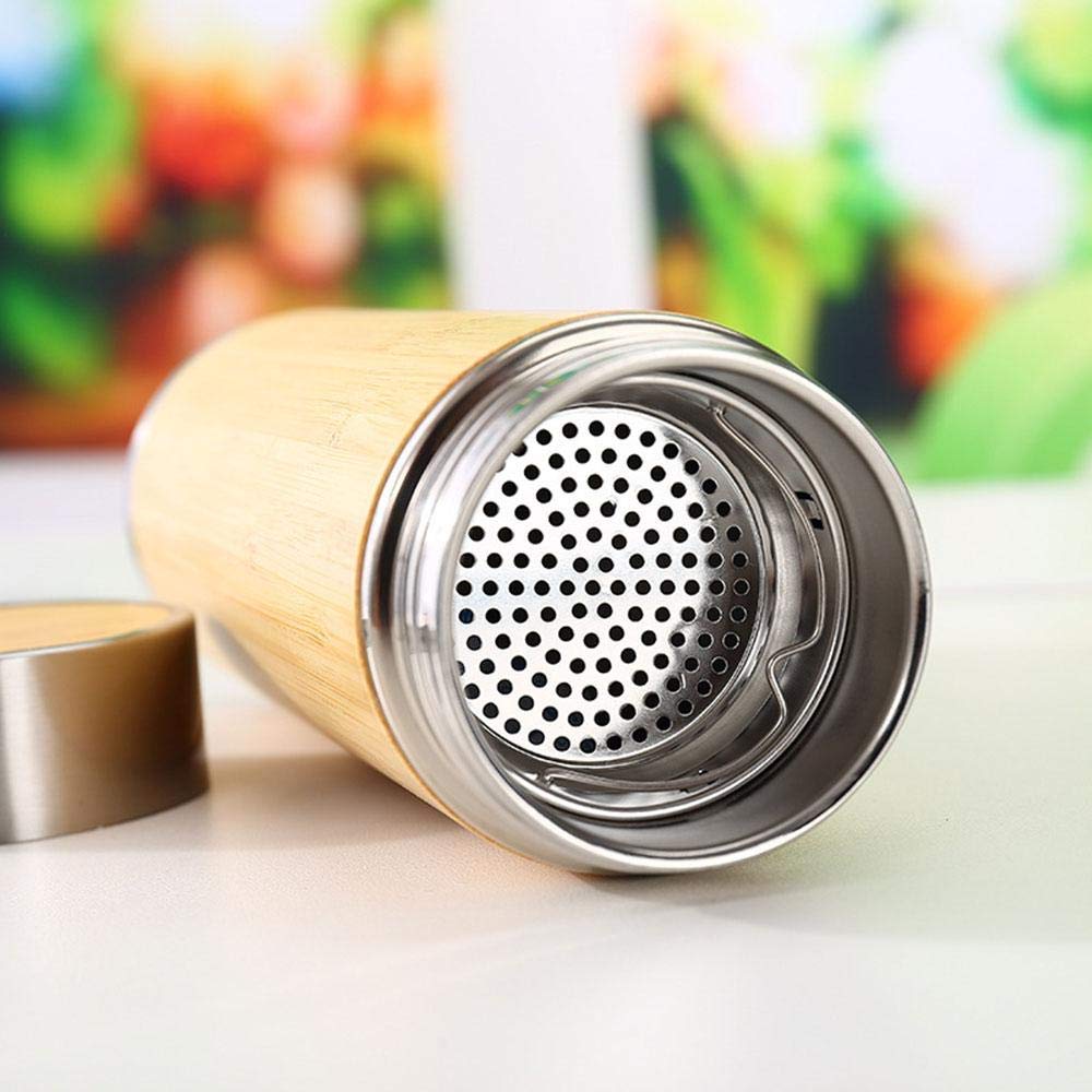 Bamboo Coffee Mug Tea Tumbler with Tea Infuser & Mesh Filter– Stainless Steel Bamboo Coffee Tea Cup Mug: – Keeps Drinks Hot or Cold