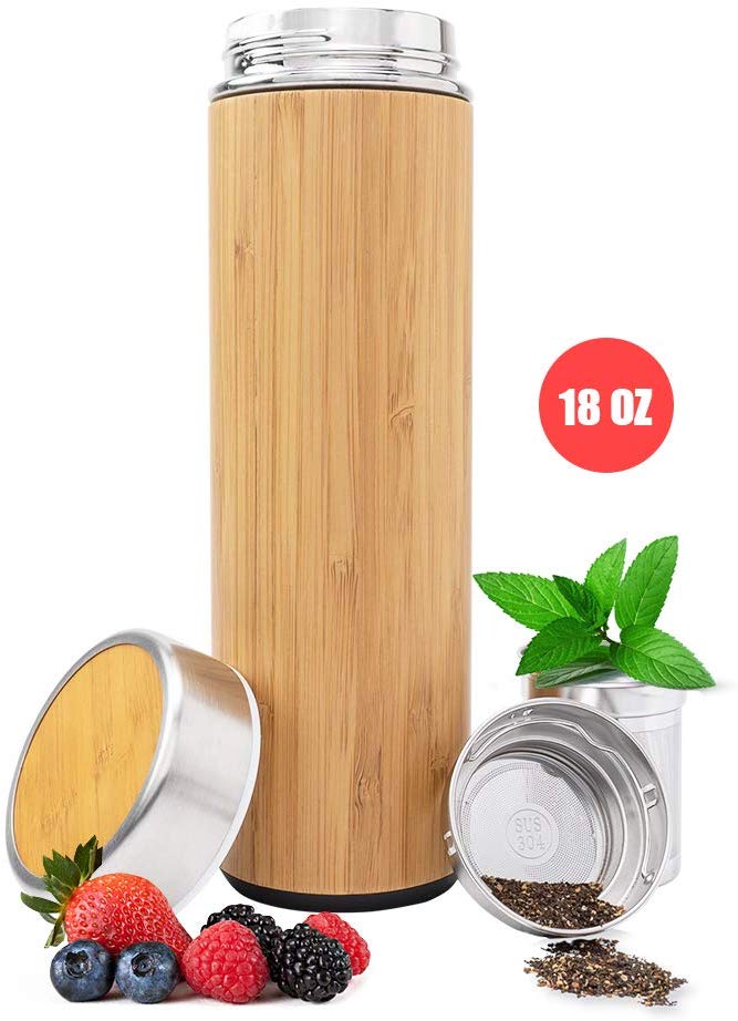 Bamboo Vacuum Insulated Bottle - Thermo with Tea Infuser & Strainer - Stainless Steel Tumbler, Fruit Infuser - Double Walled Tumbler Water Bottle - Travel Mug