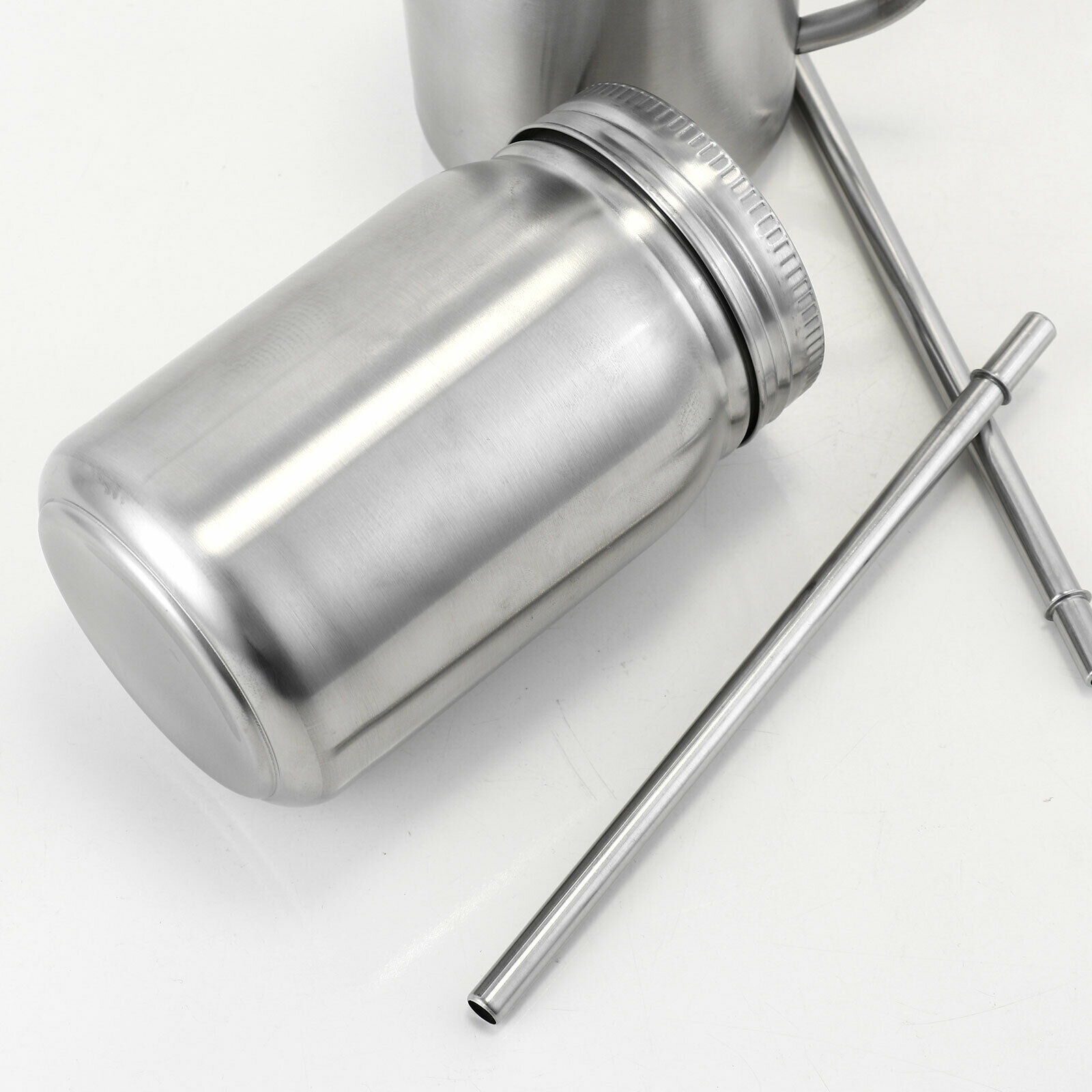 wholesale 20oz Single Wall Stainless Steel Mason Jar With Holder ,Metal Drinking Mugs With Lid And Straw