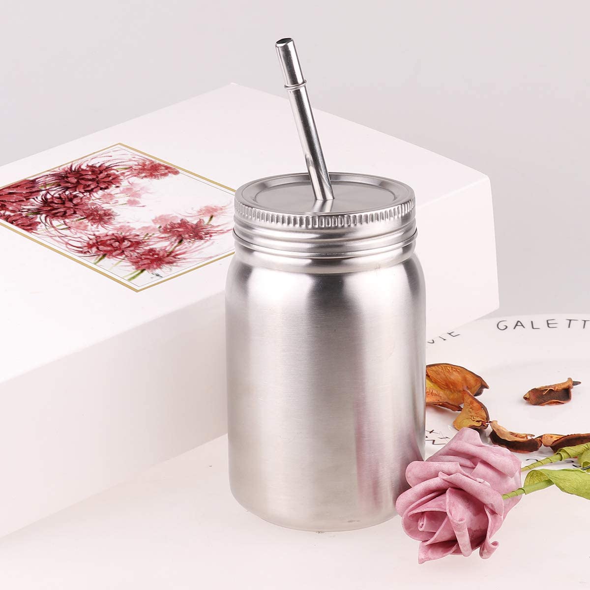 wholesale 20oz Single Wall Stainless Steel Mason Jar With Holder ,Metal Drinking Mugs With Lid And Straw