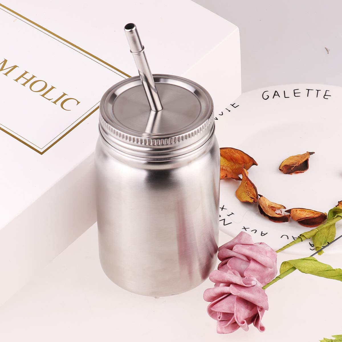 wholesale 20oz Single Wall Stainless Steel Mason Jar With Holder ,Metal Drinking Mugs With Lid And Straw
