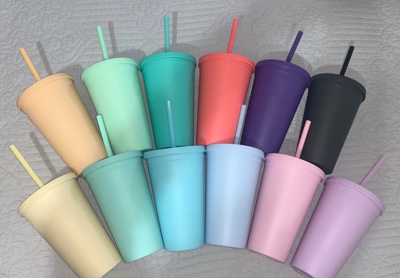 24oz Pastel color acrylic cup, Travel tumbler with lid and straw, Double wall reusable vinyl cup, Modern matte skinny tumbler, Portable daily water glass, Simple tea cup iced coffee mug - 700ml, Black