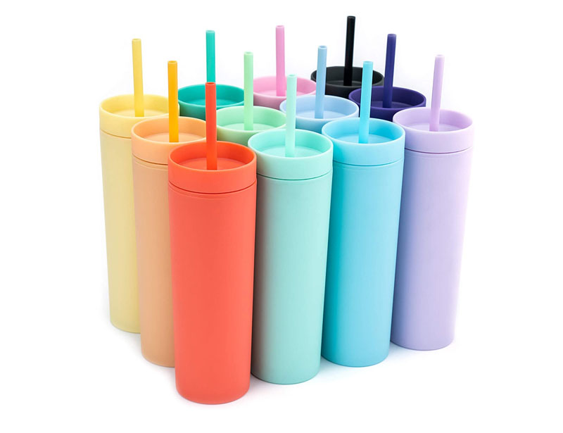 SKINNY TUMBLERS (12 pack) Matte Pastel Colored Acrylic Tumblers with Lids and Straws | Skinny, 16oz Double Wall Plastic Tumblers With FREE Straw Cleaner! Cup With Straw