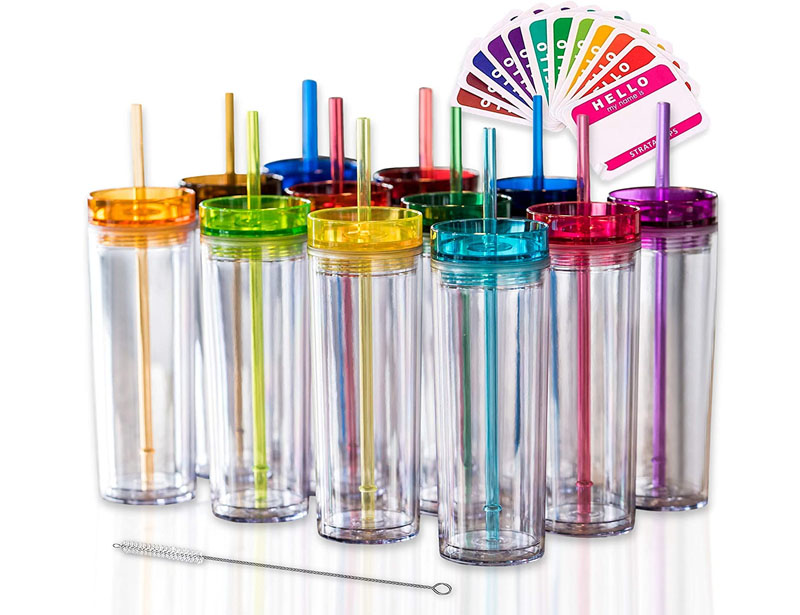 SKINNY TUMBLERS 12 Colored Acrylic Tumblers with Lids and Straws | Skinny, 16oz Double Wall Clear Plastic Tumblers With FREE Straw Cleaner & Name Tags! Reusable Cup With Straw