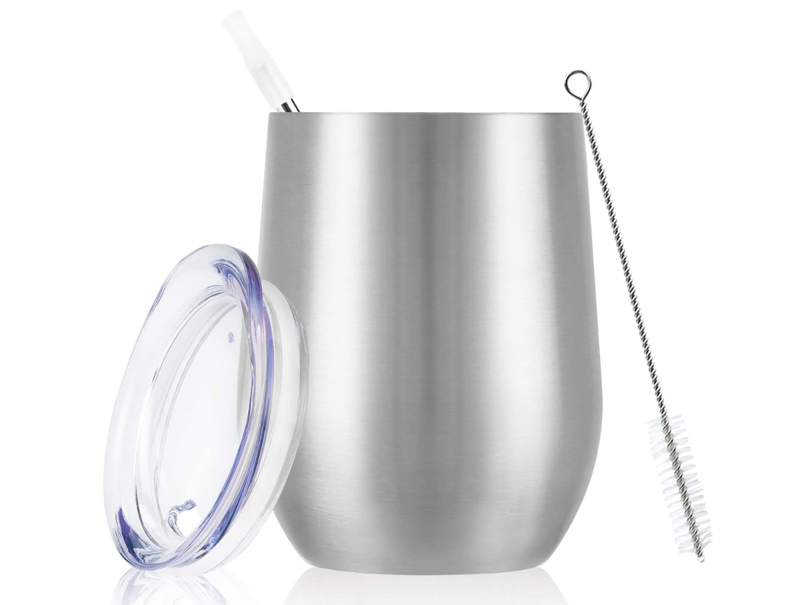 Stemless 12 oz wine tumbler egg shape insulated beer mug ,sparkly travel mug with lid and straw