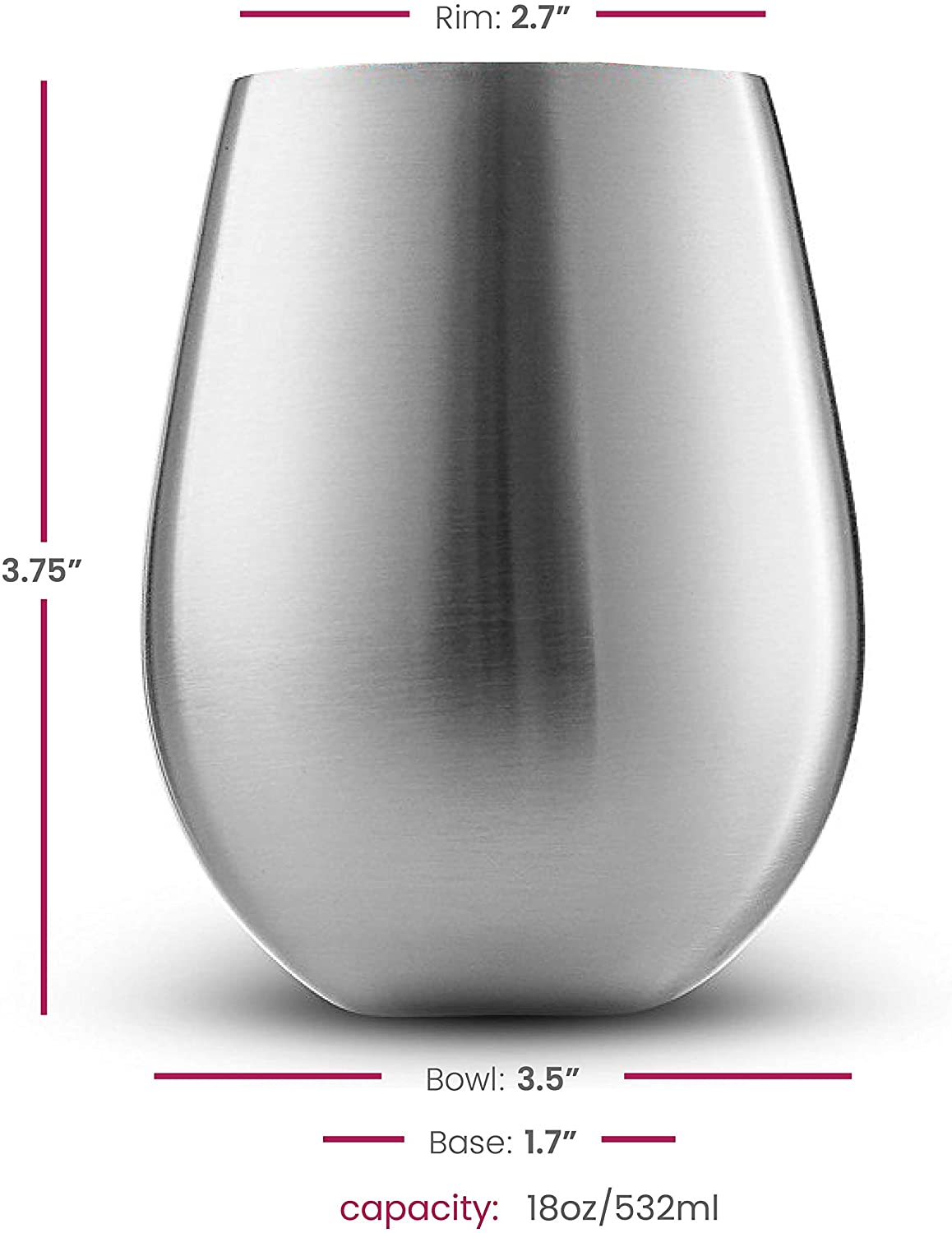 Stainless Steel Unbreakable Wine Glasses - 18 Ounce Set of 4 Wineglasses. Premium-Grade 18/8 Stainless Steel Red & White Stemless Wineglasses set, Portable Wine Tumbler