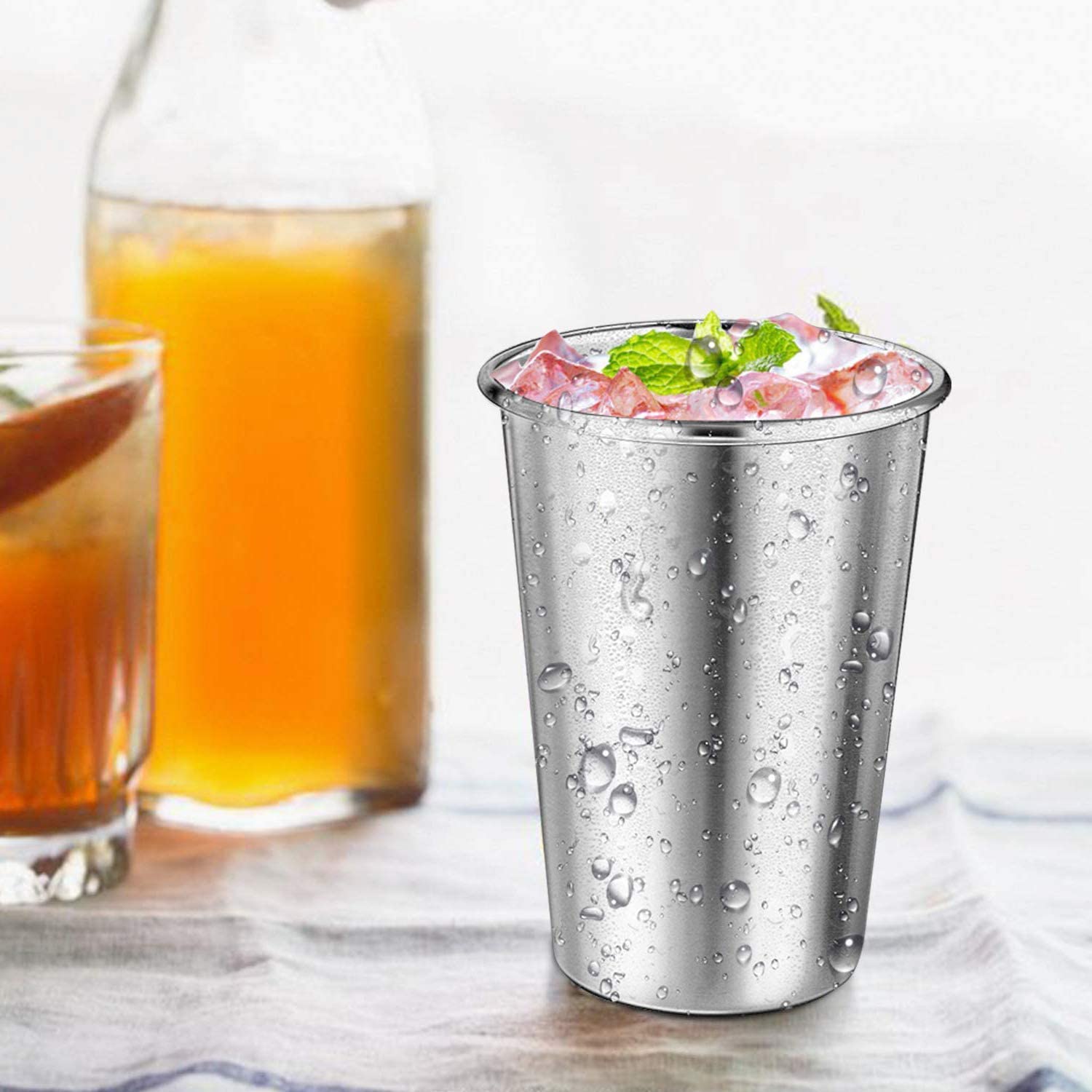 Steel Cups with Straws - ARKTEK Stainless Cups with Silicone Lid Stackable Metal Drinking Glasses, 16oz Drinking Tumblers with Straw Eco-Friendly for Party
