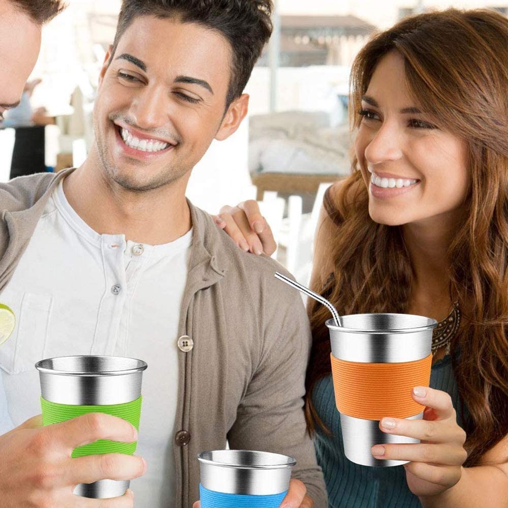 Steel Cups with Straws - ARKTEK Stainless Cups with Silicone Lid Stackable Metal Drinking Glasses, 16oz Drinking Tumblers with Straw Eco-Friendly for Party