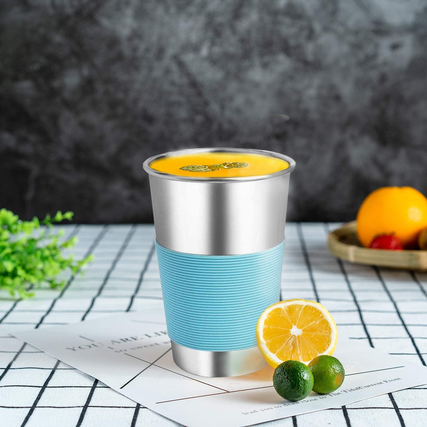 Steel Cups with Straws - ARKTEK Stainless Cups with Silicone Lid Stackable Metal Drinking Glasses, 16oz Drinking Tumblers with Straw Eco-Friendly for Party