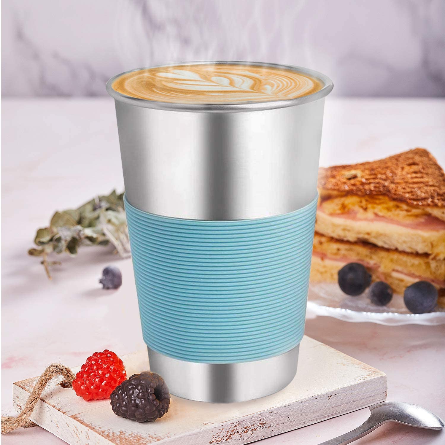 Steel Cups with Straws - ARKTEK Stainless Cups with Silicone Lid Stackable Metal Drinking Glasses, 16oz Drinking Tumblers with Straw Eco-Friendly for Party