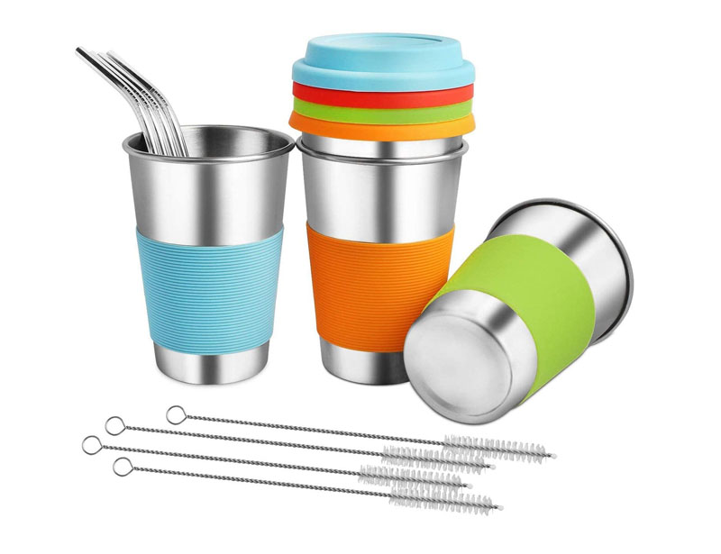 Steel Cups with Straws - ARKTEK Stainless Cups with Silicone Lid Stackable Metal Drinking Glasses, 16oz Drinking Tumblers with Straw Eco-Friendly for Party