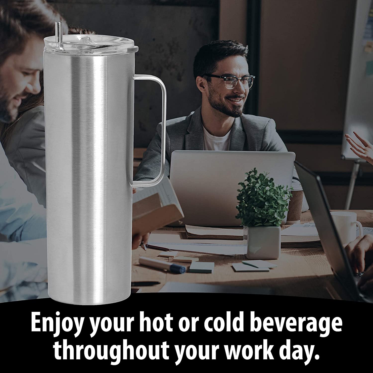 Double Wall Vacuum Insulated Skinny Tumbler with Handle - Tall & Slim Stainless Steel Drink Canister for Water, Coffee, Soda, Tea - Portable Hot & Cold Beverage Mug with Straw & Clear Lid - 20oz