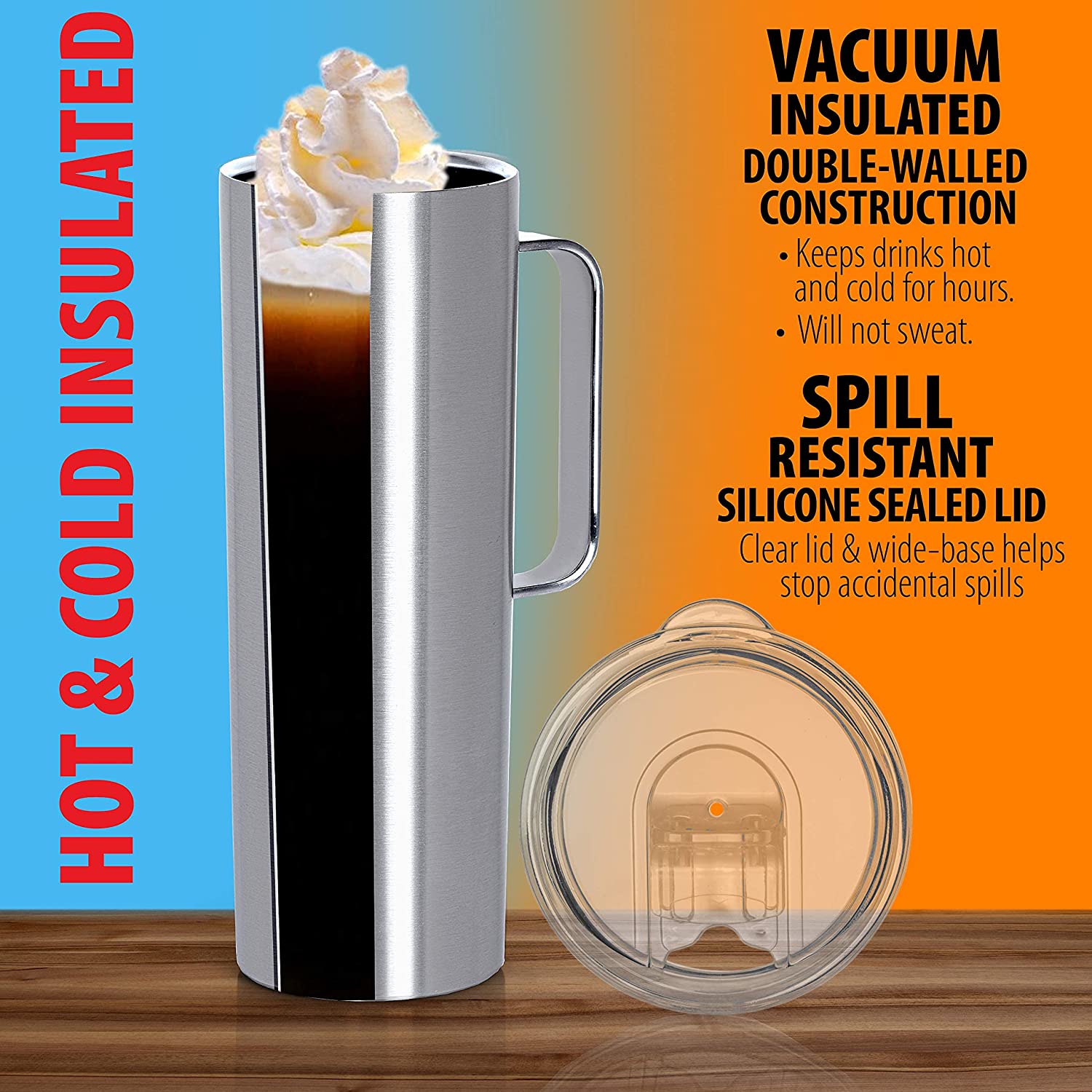 Double Wall Vacuum Insulated Skinny Tumbler with Handle - Tall & Slim Stainless Steel Drink Canister for Water, Coffee, Soda, Tea - Portable Hot & Cold Beverage Mug with Straw & Clear Lid - 20oz
