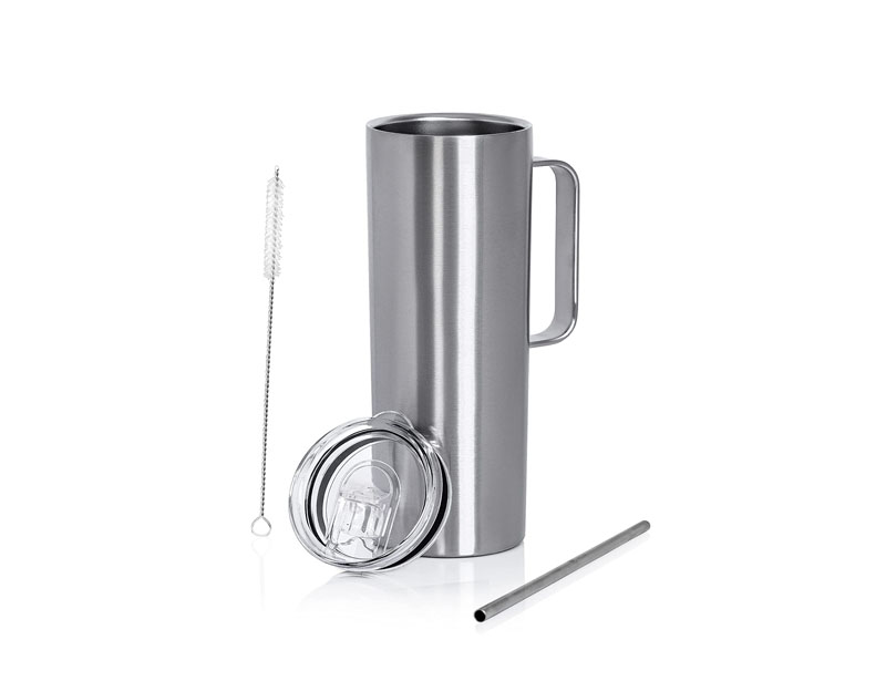 Double Wall Vacuum Insulated Skinny Tumbler with Handle - Tall & Slim Stainless Steel Drink Canister for Water, Coffee, Soda, Tea - Portable Hot & Cold Beverage Mug with Straw & Clear Lid - 20oz