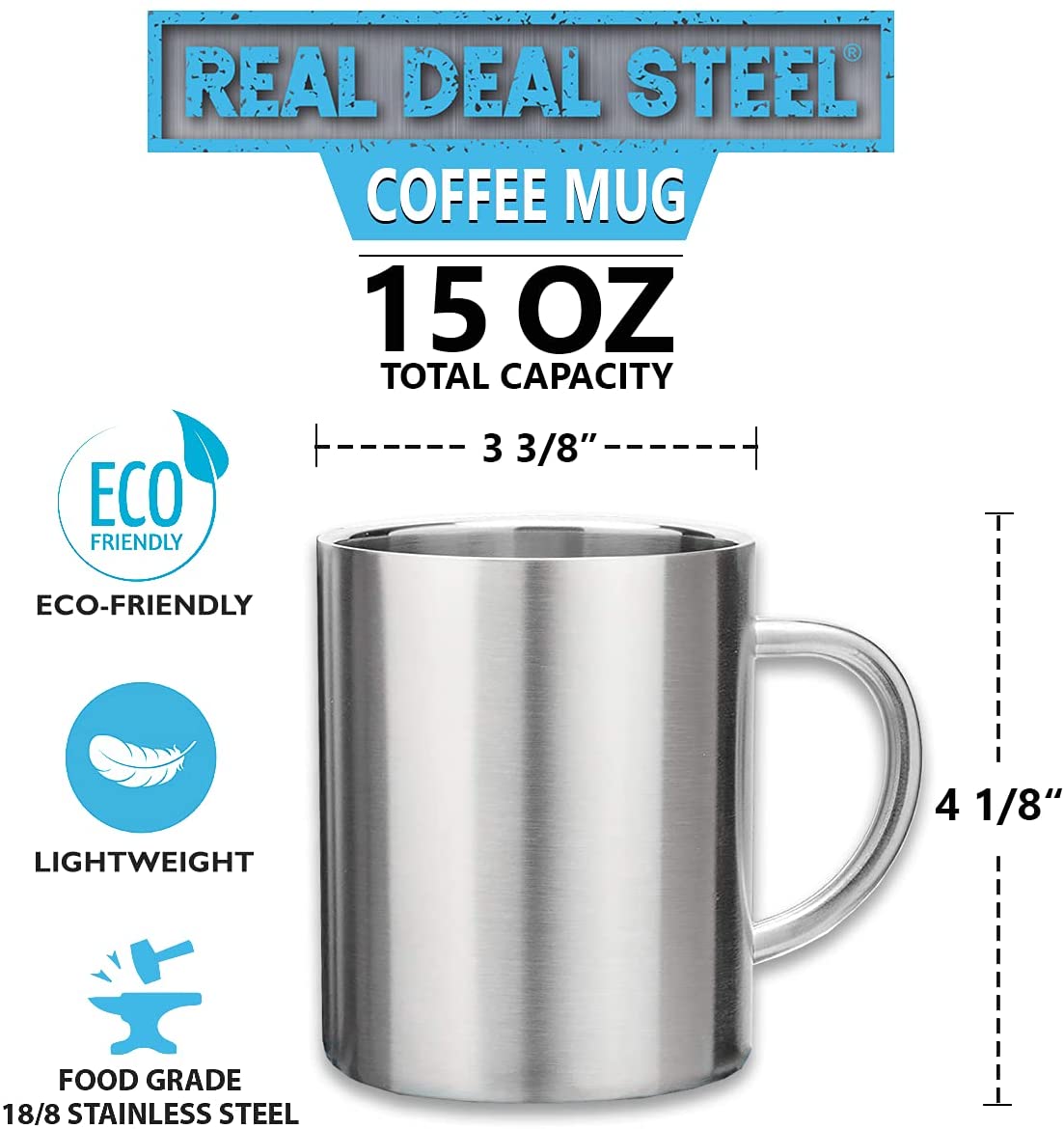 Stainless Steel Double Walled Mugs: 100% BPA Free,15 oz Metal Coffee & Tea Cup Mug - Insulated Cups with Handles Keep Drinks Hot or Cold Longer - Durable for Camping