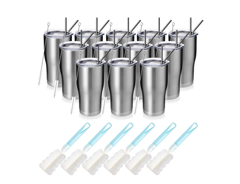 0oz Stainless Steel Insulated Tumbler, 12 Pack Bulk Travel Mug with Lid, Straw and Brush, Double Wall Vacuum Powder Coated Thermal Coffee Cup for Cold & Hot Drinks