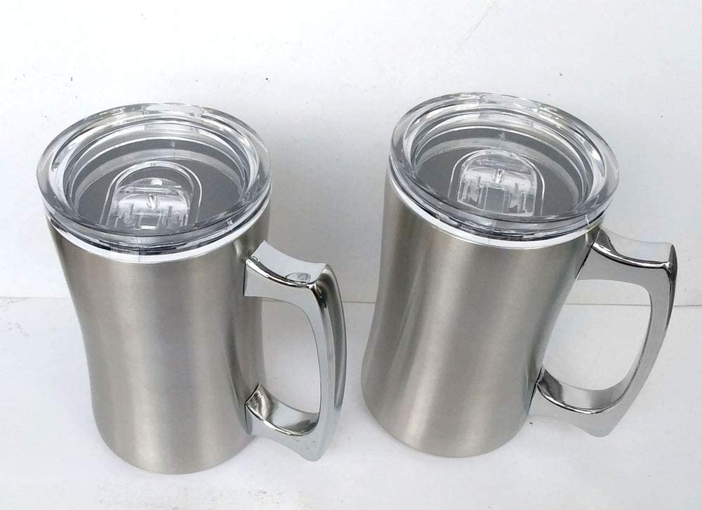 Insulated Cup, 2 Pack, OrgMemory Stainless Steel Coffee Mug, 15 oz Coffee Mug, (450 ml), Double Wall Beer Stein, Tumbler with Handle, Insulated Beer Mug with Lid