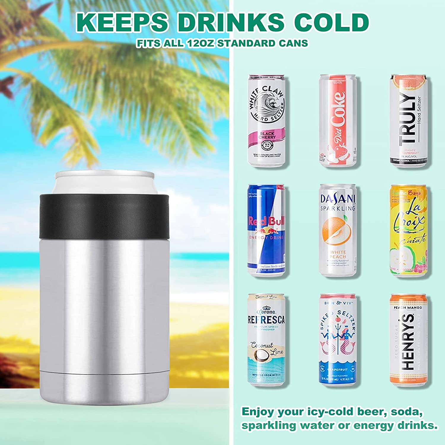Insulated Can Cooler for 12 Oz Standard Cans, Double-wall Stainless Can Cooler with Straw, Stainless Steel Can Cooler for Sparkling Water, Soft Drinks, and Beer