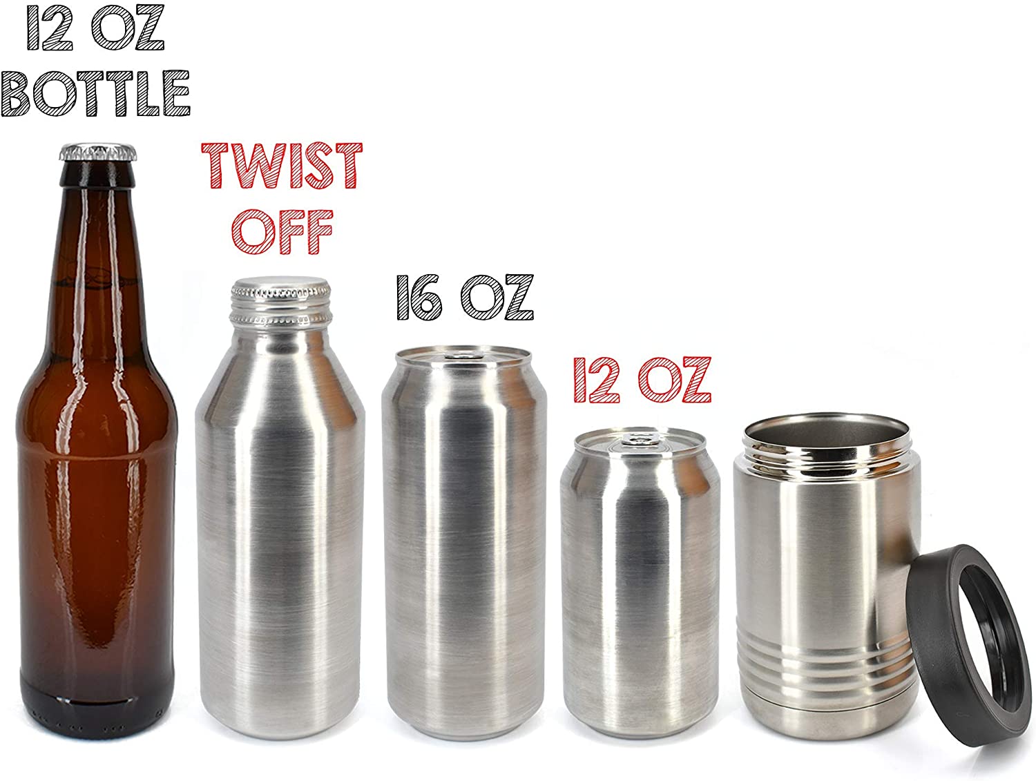 Clear Water Home Goods - 12 oz Stainless Steel Double Wall Vacuum Insulated Can or Bottle Cooler Keeps Beverage Cold for Hours - Stainless Steel