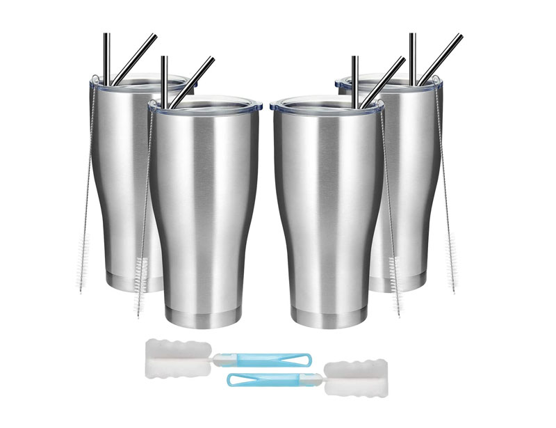 30oz Stainless Steel Insulated Tumbler 4 Pack Bulk, Large Thermal Travel Cup with lid, Straw and Brush, Double Wall Vaccum Durable Coated Coffee Mug for Cold Drinks and Hot Beverage