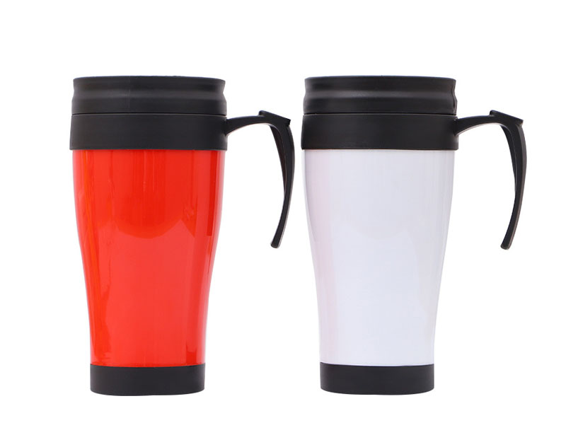Paper insert plastic thermal coffee mug with handle double wall plastic travel cups