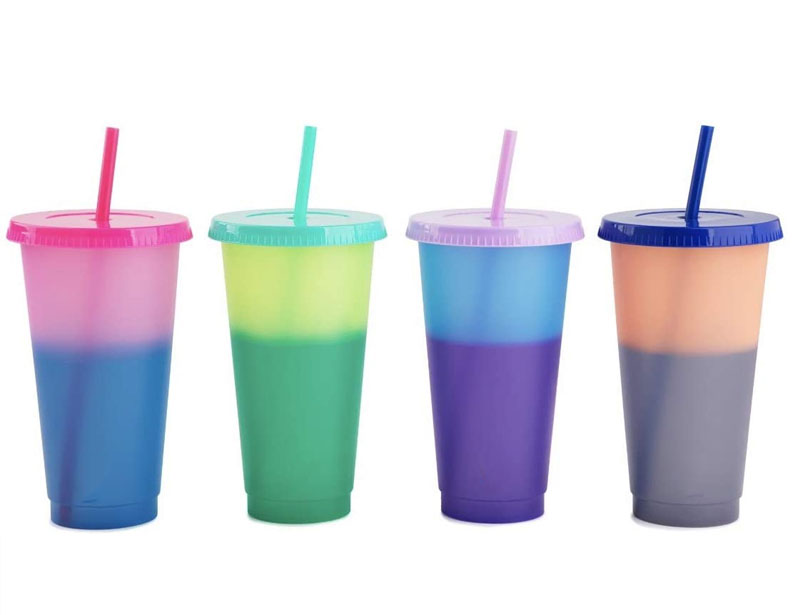 24oz Blank Color Change Drink Tumblers Reusable Plastic Color Change Cups with Straws Set of 5