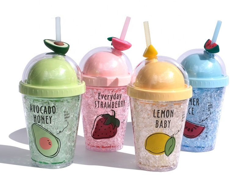 Summer Ice Cup  Double Wall And Dome Lid Mugs Custom Water Tumbler With Straws And Silicone fruit