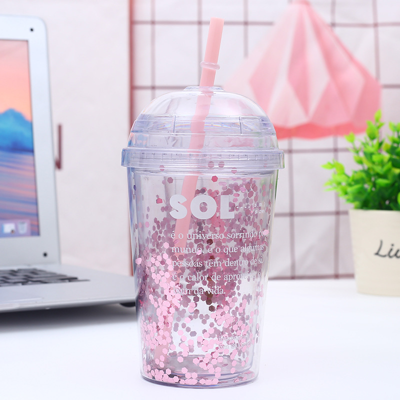 Double Wall Clear Acrylic Straw Tumbler With Straw and Sharp lid with Colorful Sequins