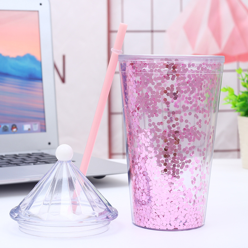 Double Wall Clear Acrylic Straw Tumbler With Straw and Sharp lid with Colorful Sequins