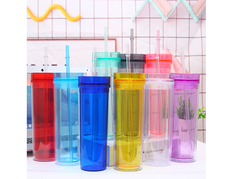 Double Wall BPA Free Plastic 16oz Half Clear Acrylic Skinny Tumbler with Straw and Colorful Body, Water Bottle