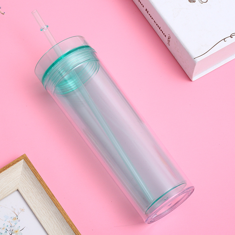Double Wall BPA Free Plastic 16oz Half Clear Acrylic Skinny Tumbler with Straw and Colorful Body, Water Bottle