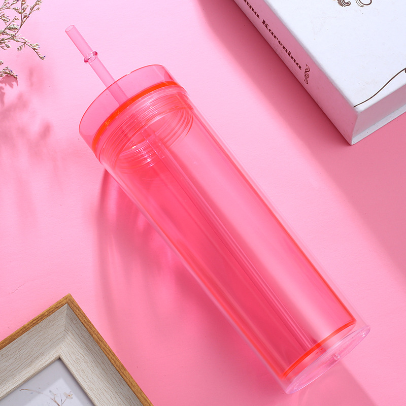 Double Wall BPA Free Plastic 16oz Half Clear Acrylic Skinny Tumbler with Straw and Colorful Body, Water Bottle
