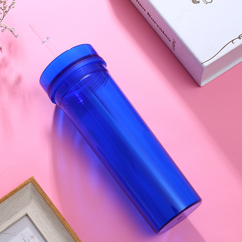 Double Wall BPA Free Plastic 16oz Half Clear Acrylic Skinny Tumbler with Straw and Colorful Body, Water Bottle