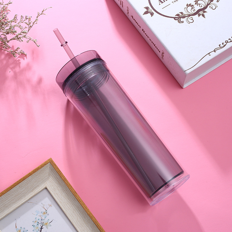 Double Wall BPA Free Plastic 16oz Half Clear Acrylic Skinny Tumbler with Straw and Colorful Body, Water Bottle