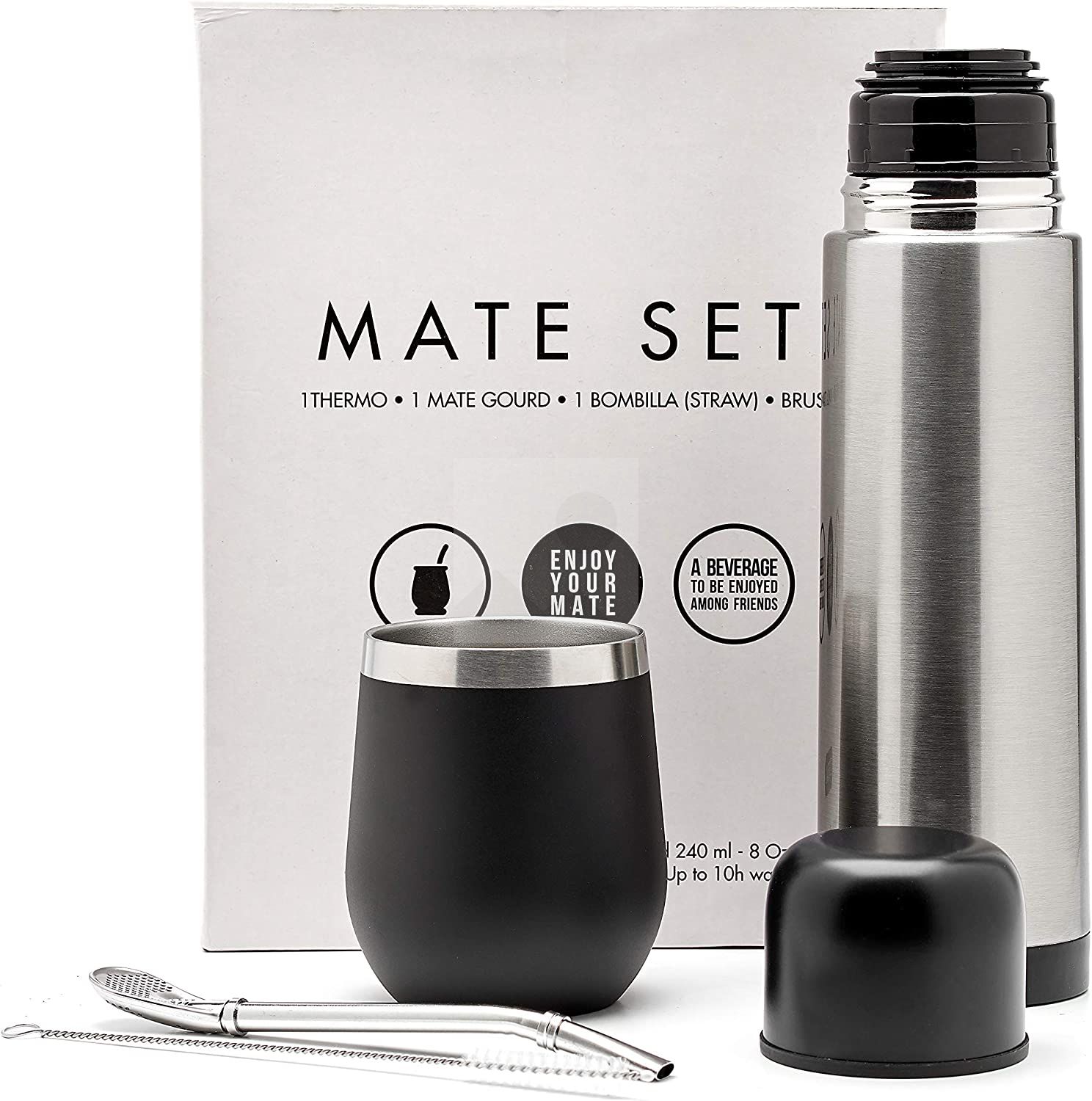 Complete Yerba Mate Set - Modern Mate Gourd, Thermos, Yerba Container, Two Bombillas and Cleaning Brush Included BLACK PREMIUM