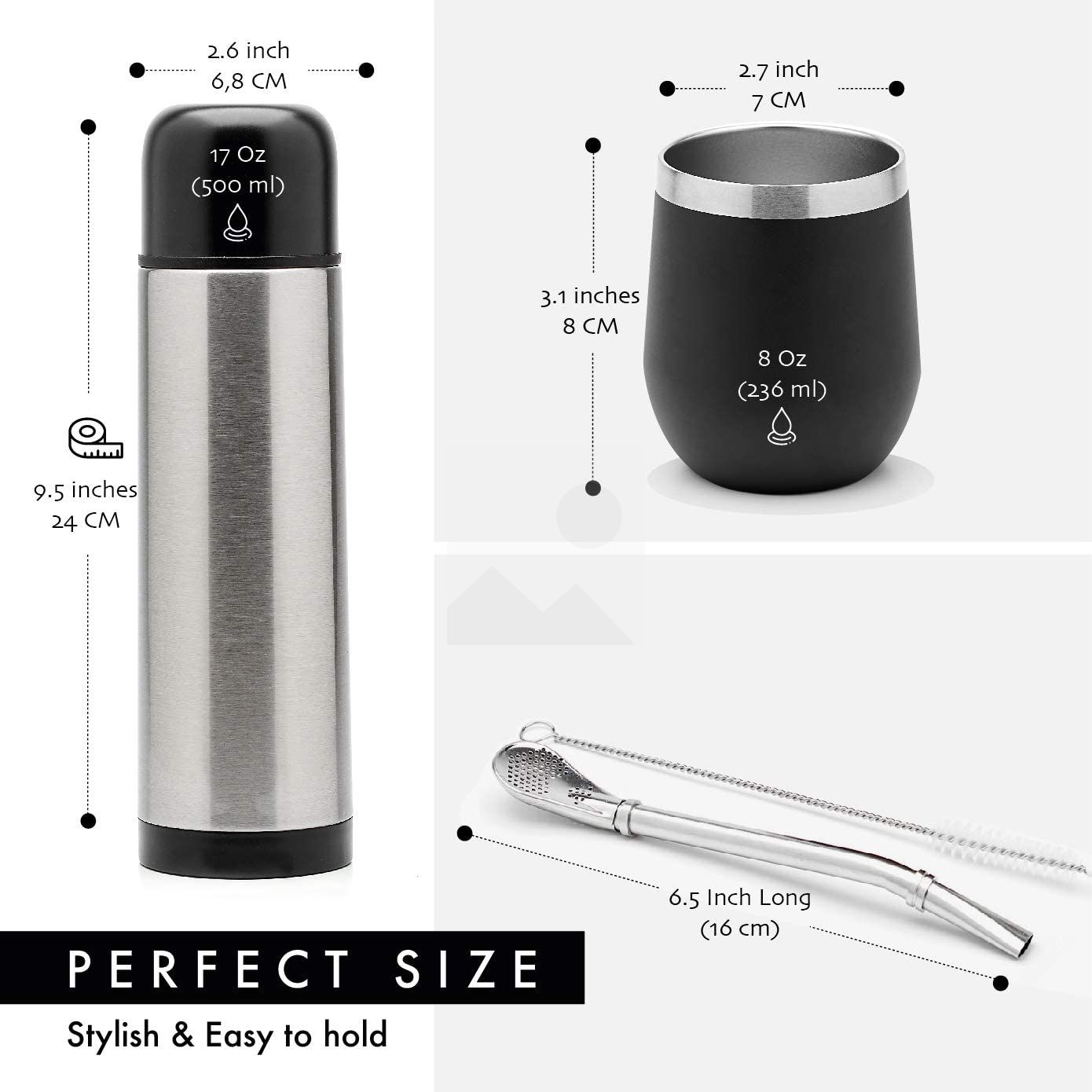 Complete Yerba Mate Set - Modern Mate Gourd, Thermos, Yerba Container, Two Bombillas and Cleaning Brush Included BLACK PREMIUM