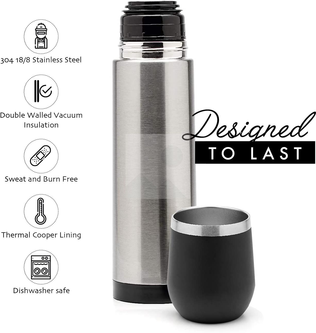 Complete Yerba Mate Set - Modern Mate Gourd, Thermos, Yerba Container, Two Bombillas and Cleaning Brush Included BLACK PREMIUM