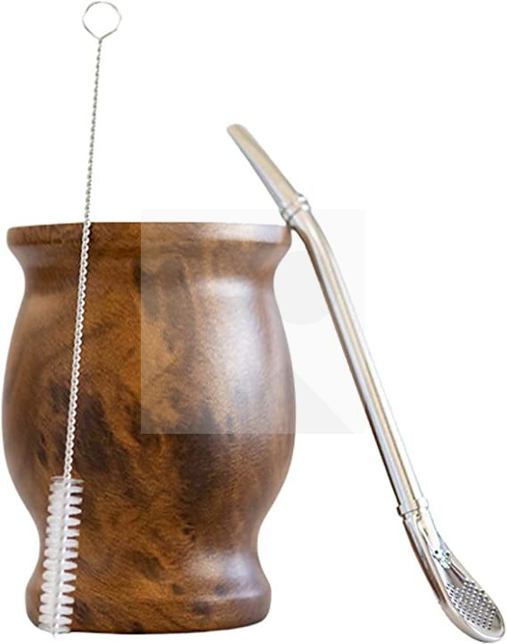 Yerba Mate Natural Gourd/Tea Cup Set Brown (Original Traditional Mate Cup - 8 Ounces)，Includes Yerba Mate Straw & Cleaning Brush