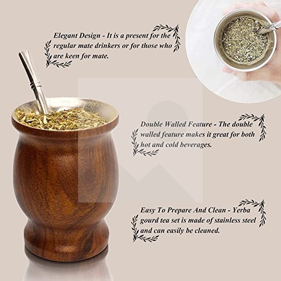 Yerba Mate Natural Gourd/Tea Cup Set Brown (Original Traditional Mate Cup - 8 Ounces)，Includes Yerba Mate Straw & Cleaning Brush