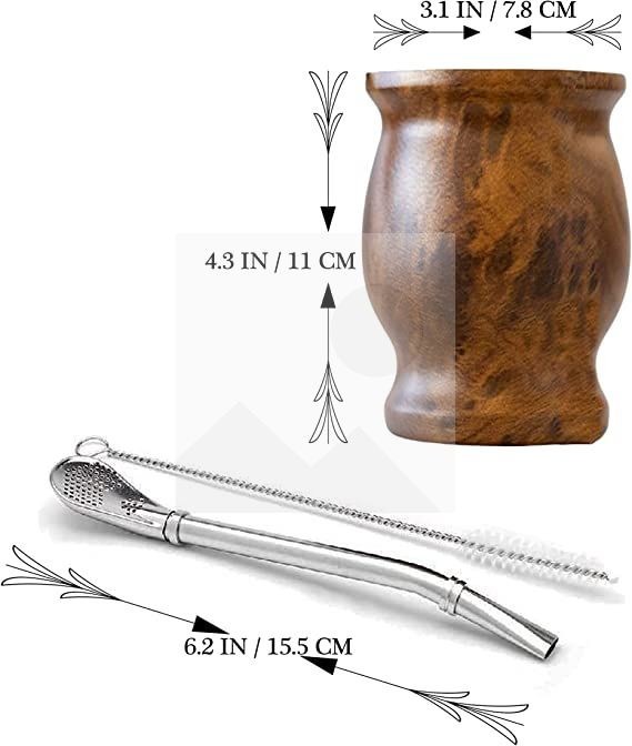Yerba Mate Natural Gourd/Tea Cup Set Brown (Original Traditional Mate Cup - 8 Ounces)，Includes Yerba Mate Straw & Cleaning Brush