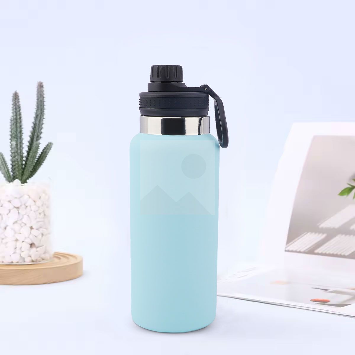 32 oz large capacity double stainless steel water cup, wide mouth kettle with plastic lid and handle travel work