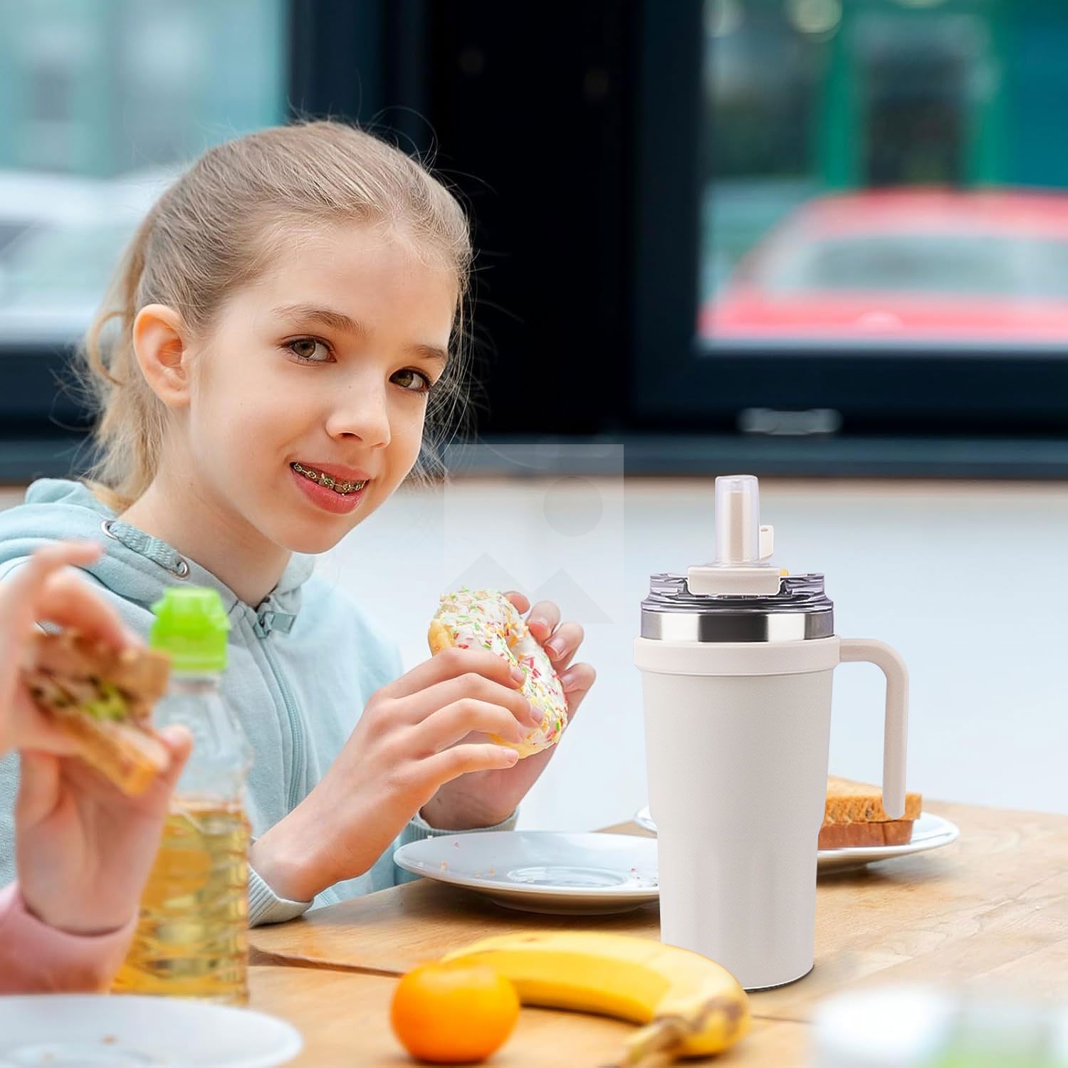 600 ml /20 oz reusable children's double stainless steel handle cup with straw and straw cap for children food grade 100% leak proof
