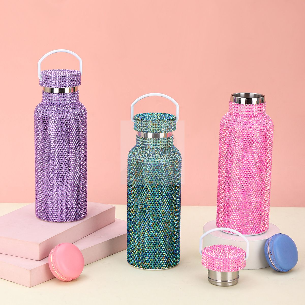 500ml diamond water bottle with chain Shiny Rhinestone bottle Bulk flash stainless steel water bottle with handle