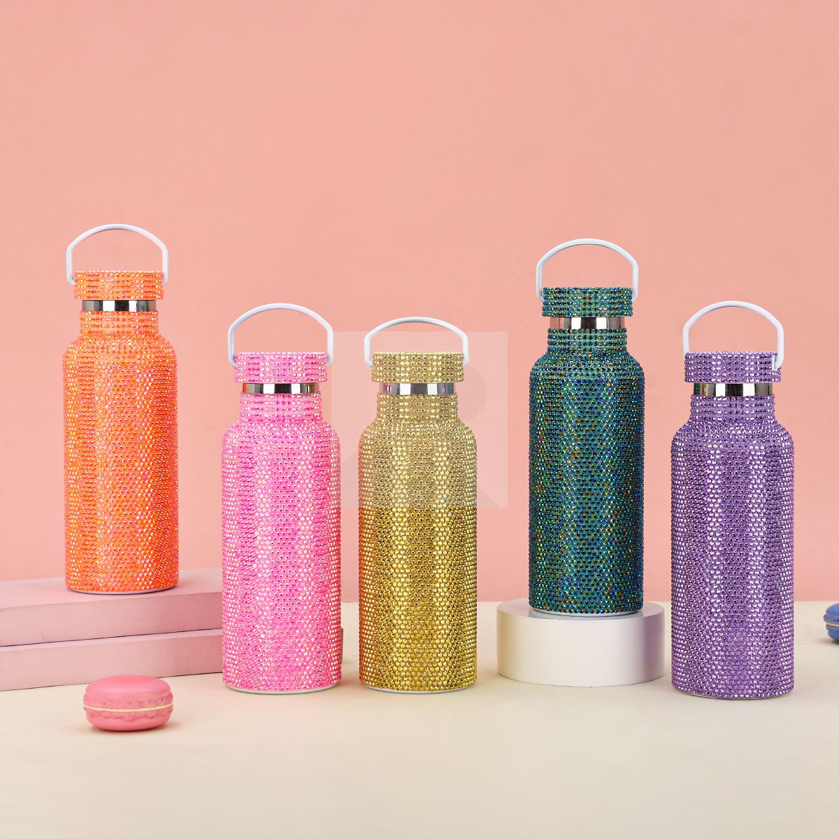500ml diamond water bottle with chain Shiny Rhinestone bottle Bulk flash stainless steel water bottle with handle
