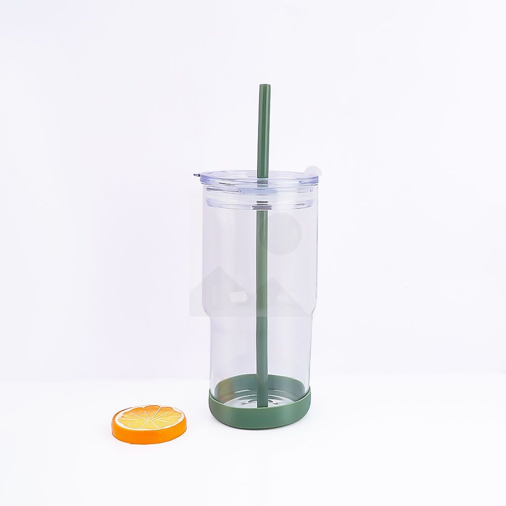 23oz 32oz glass bottle with enlarged handle wear-resistant non-slip bottom, custom made with plastic straw